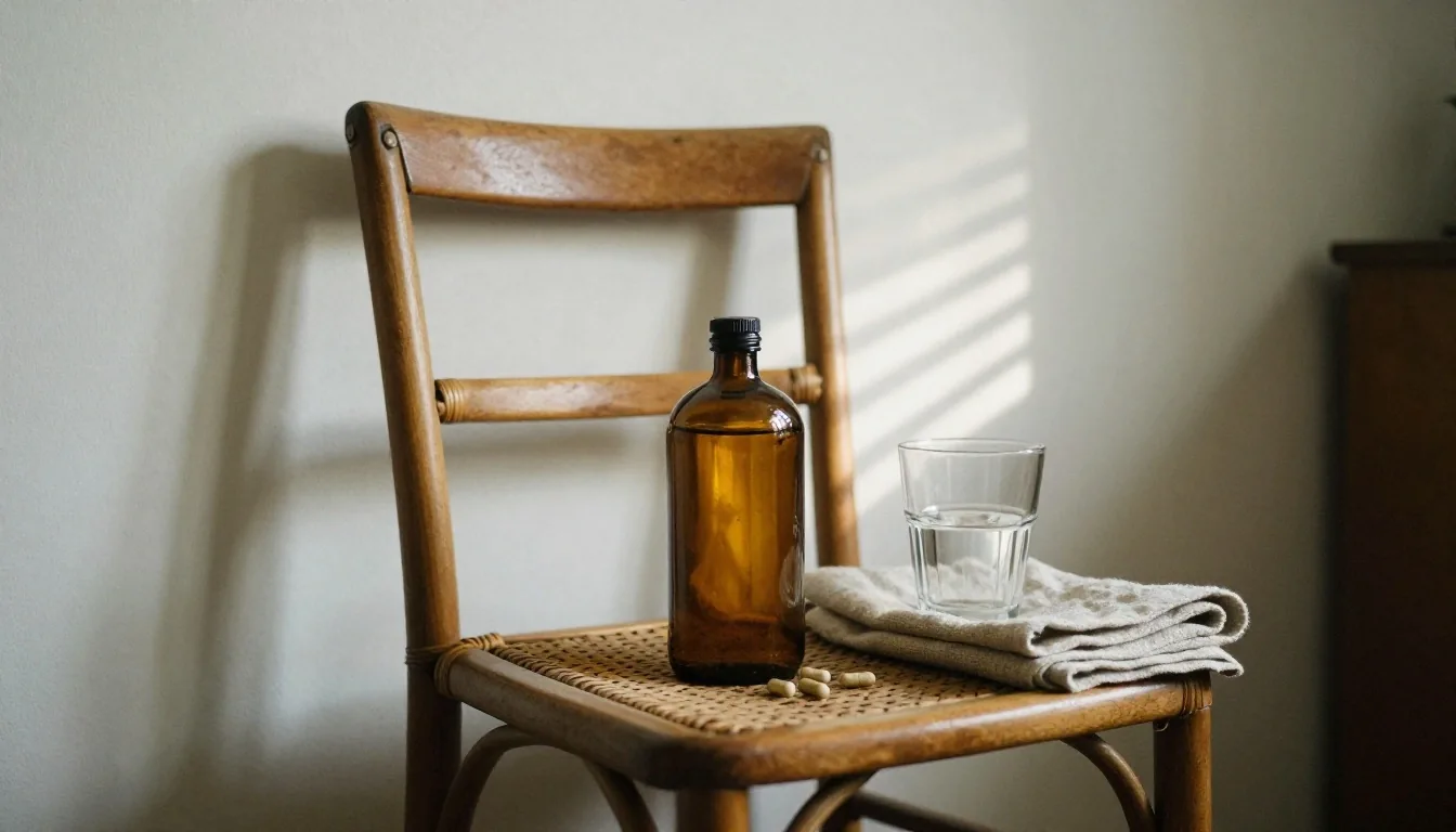 A supplement bottle, drinking glass and folded linen cloth on a Jakarta windowsill in mid-morning light