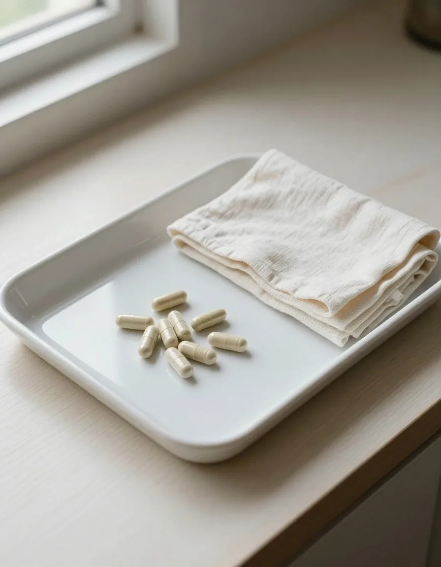 Beige caplets on a plain white tray beside a folded cotton swatch in daylight