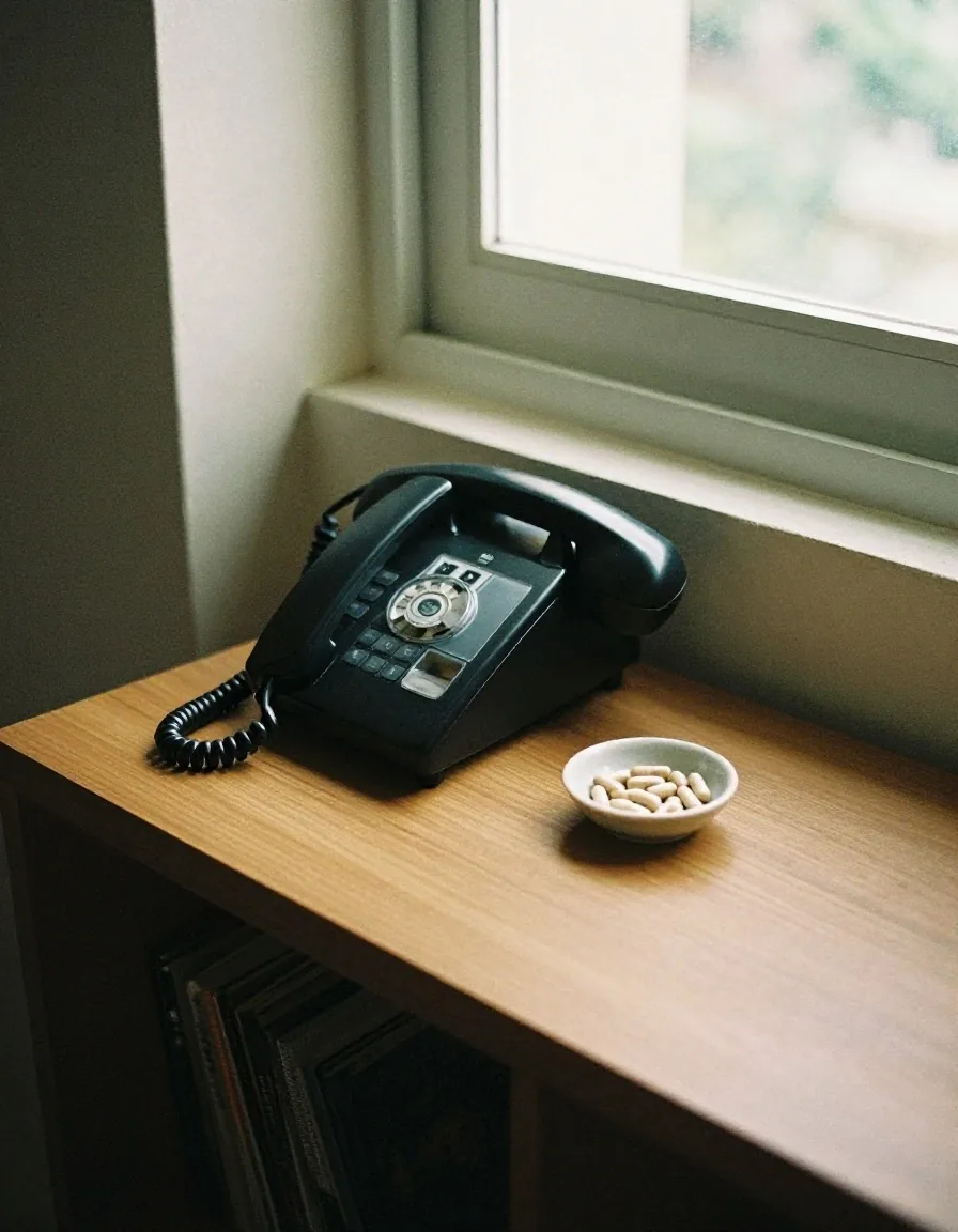 A hand lifting a landline receiver at a desk, beside a small dish of caplets
