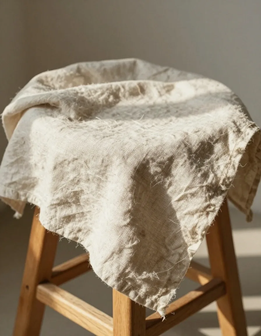 Close detail of undyed linen weave in raking daylight