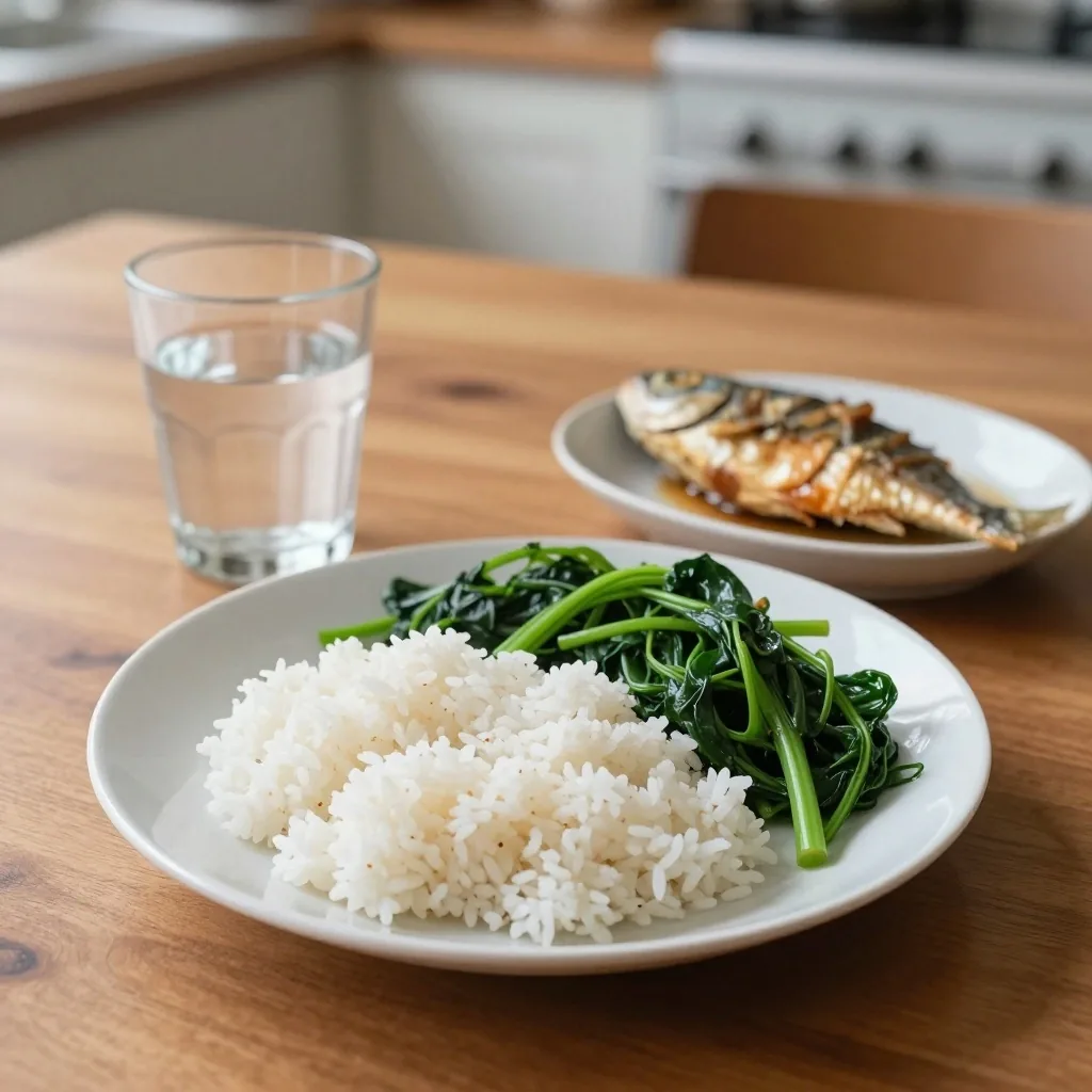 Everyday meal of rice, greens and fish on a kitchen table in morning light
