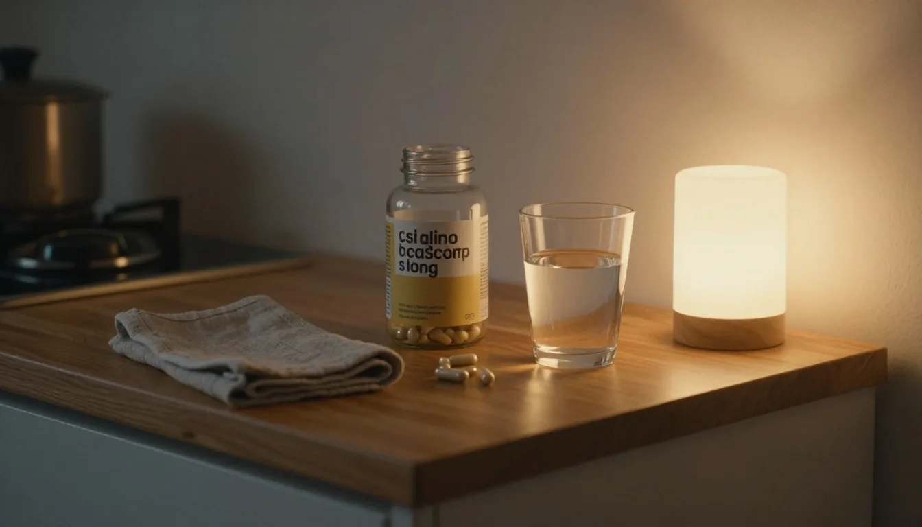 Glass bottle and drinking glass on a sunlit kitchen counter with a folded linen cloth