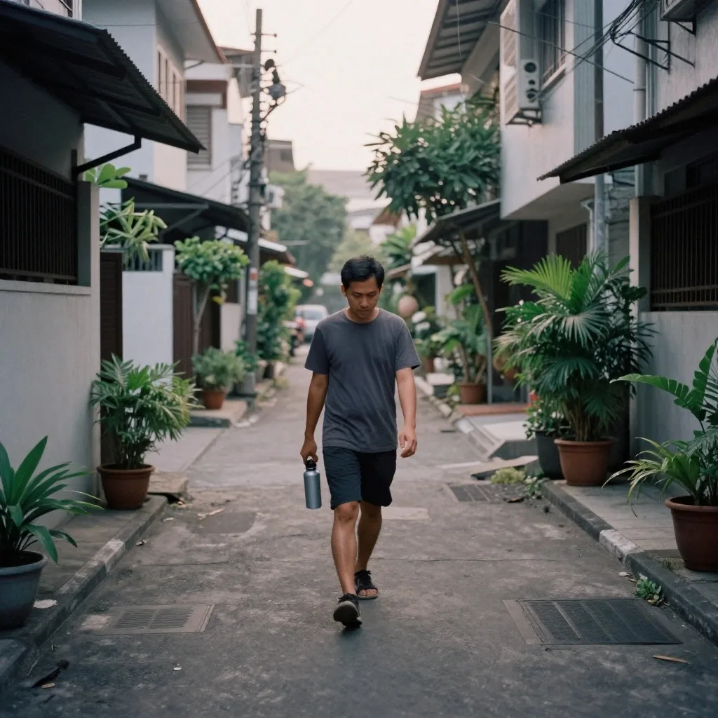 Man walking briskly along a shaded residential street with a water bottle in hand