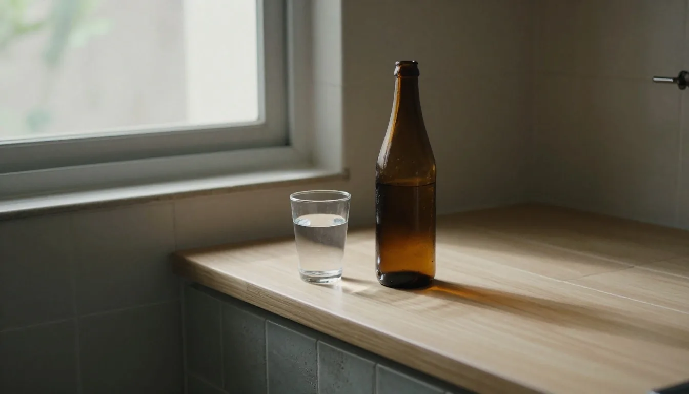 A glass bottle and drinking glass on a Jakarta kitchen counter in the late afternoon