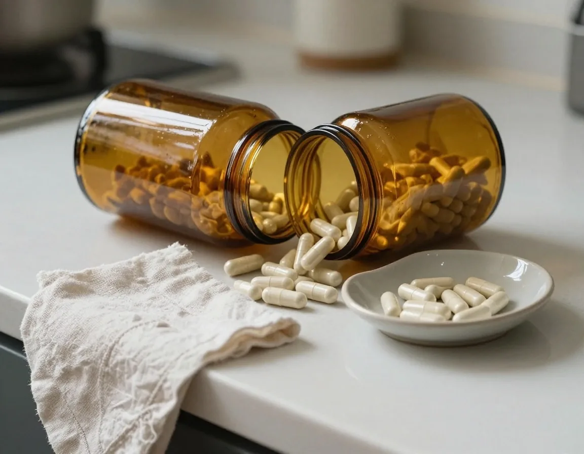 Amber-glass jars on undyed linen beside a ceramic tray of plain caplets.