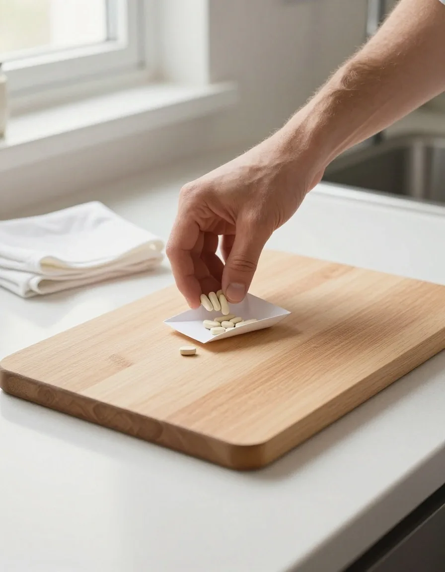 A hand turning caplets onto a plain wooden board beside folded cotton