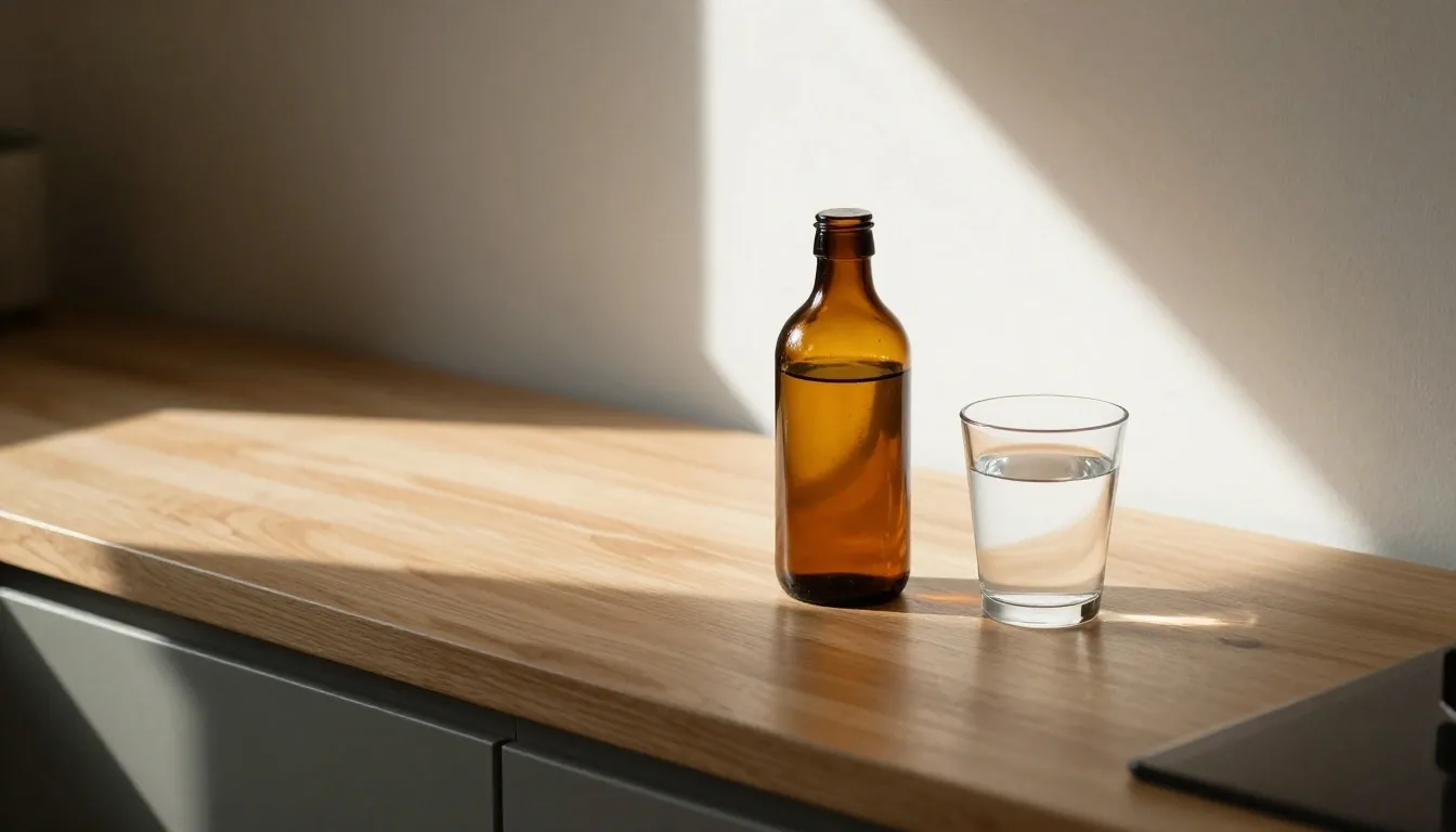A glass bottle of capsules and a drinking glass on a Jakarta kitchen counter in afternoon window light