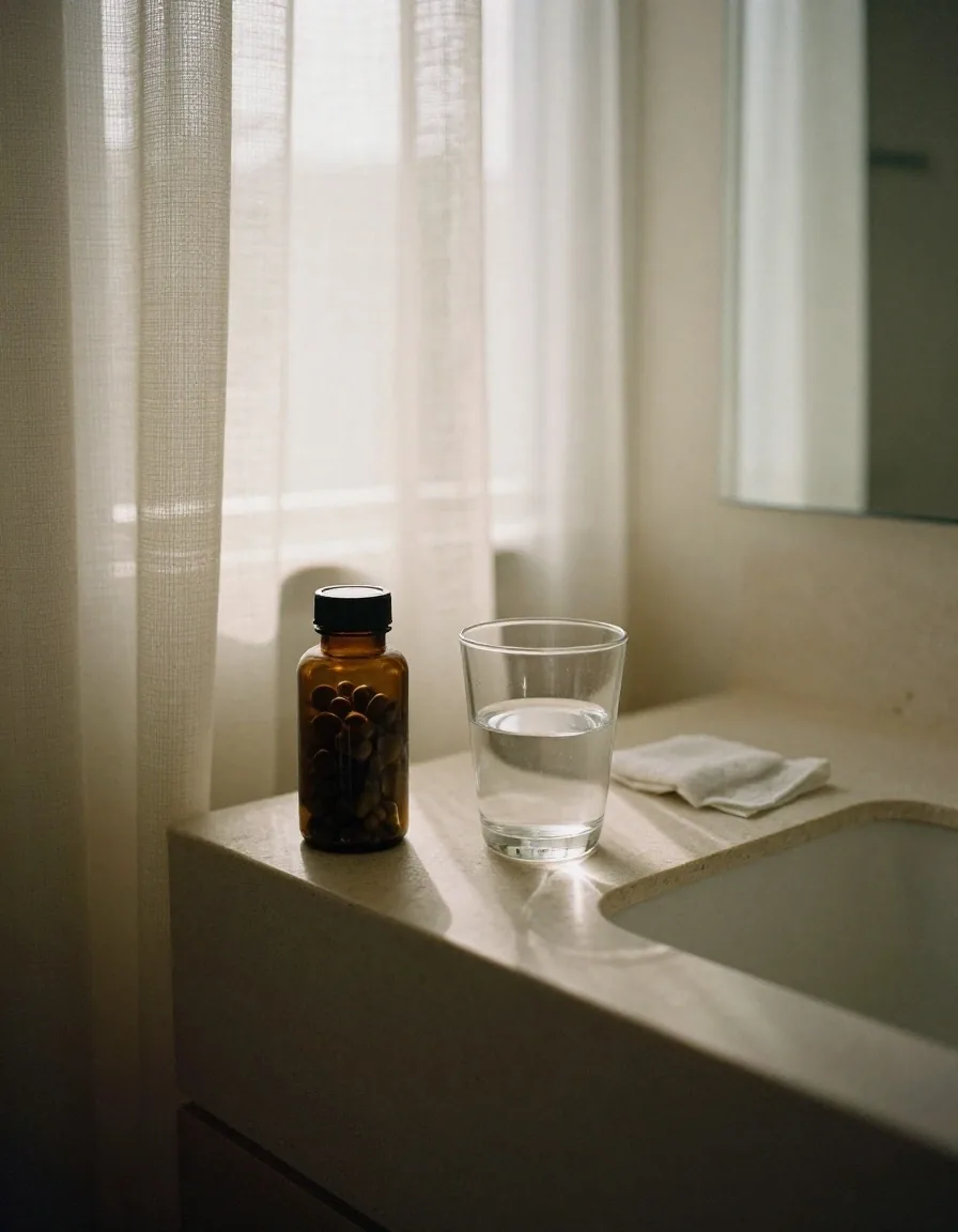 A plain glass bottle of dark capsules beside a drinking glass on plywood