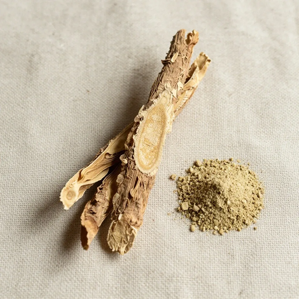 Dried botanical root slices and ground powder resting on rough linen weave