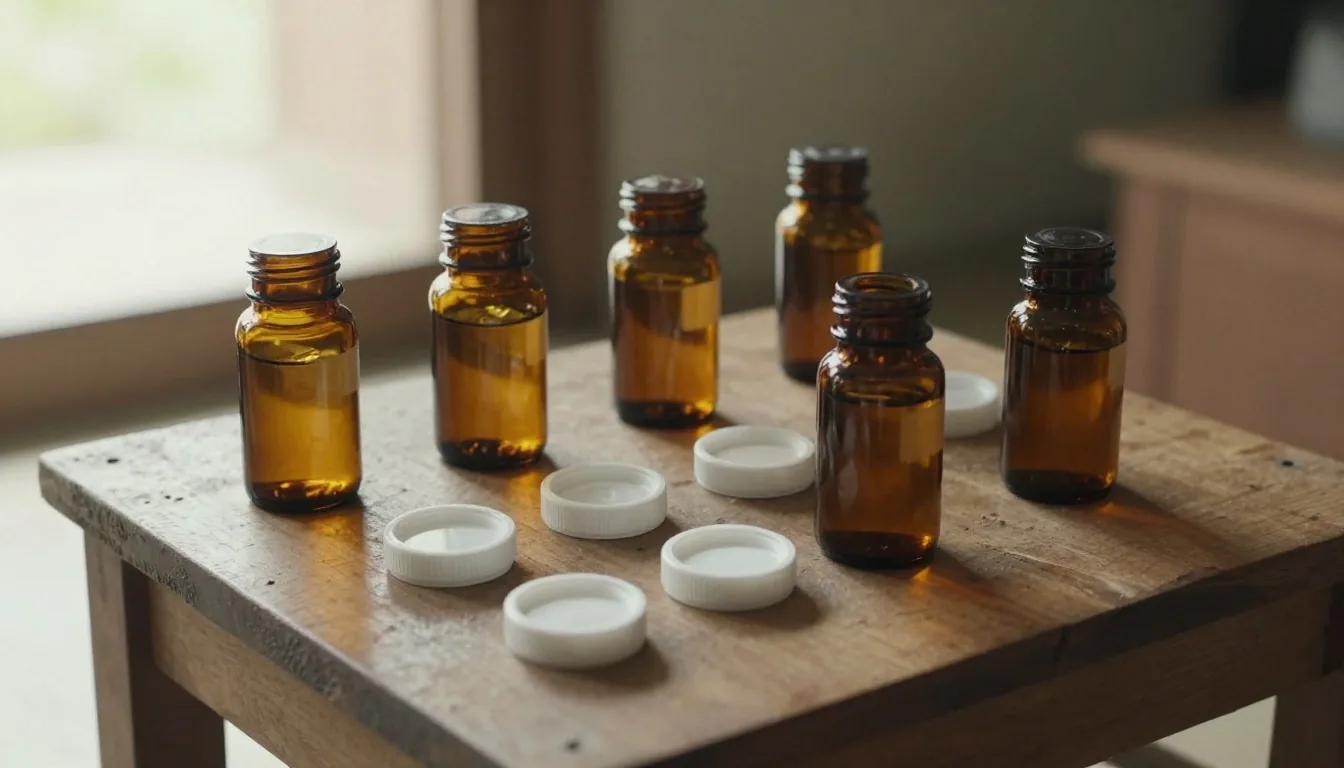 Unlabelled amber-glass supplement jars and plain caplet trays laid out on undyed linen